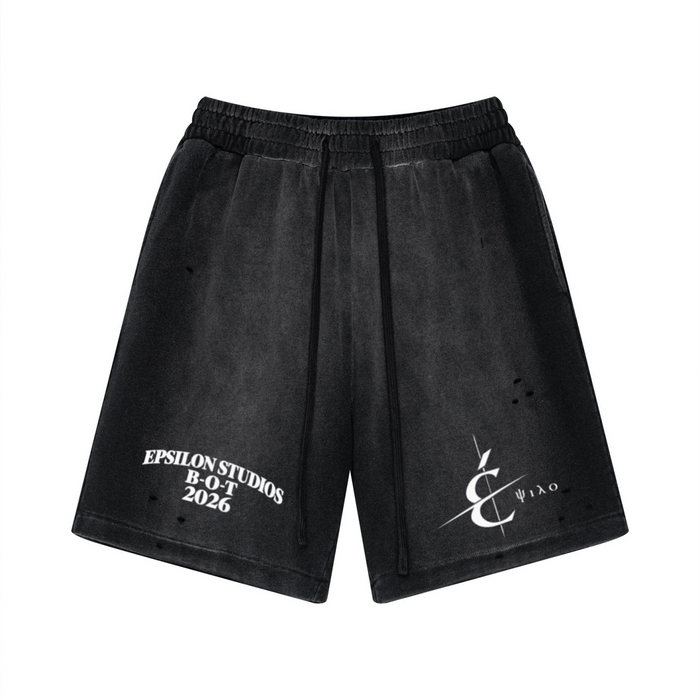 330GSM Unisex Heavyweight Distressed PP Spray Fade Shorts Vintage Black