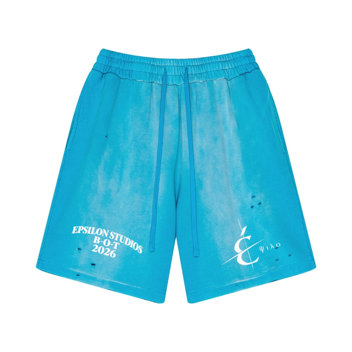330GSM Unisex Heavyweight Distressed PP Spray Fade Shorts Vintage Blue