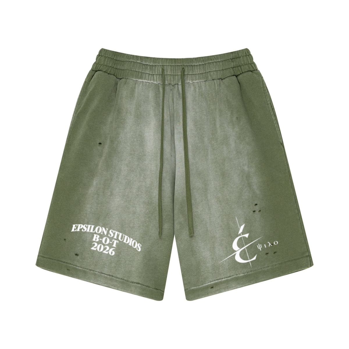 330GSM Unisex Heavyweight Distressed PP Spray Fade Shorts Vintage Military Green