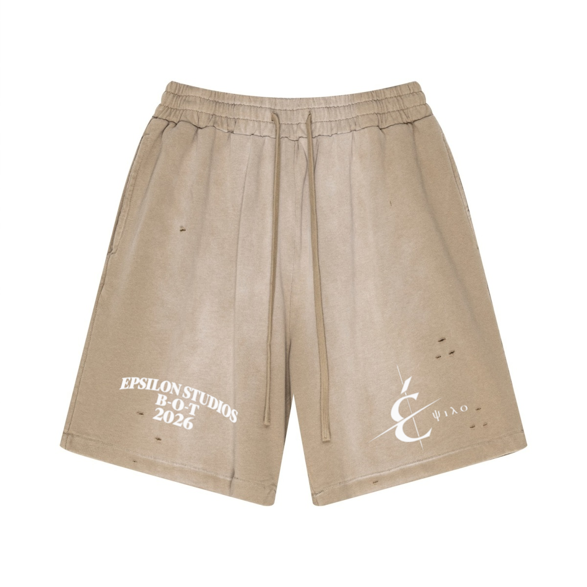 330GSM Unisex Heavyweight Distressed PP Spray Fade Shorts Vintage Khaki
